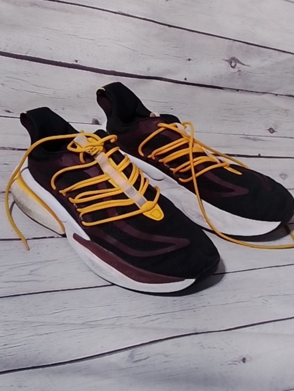 adidas Black and Maroon Sneakers with Yellow Laces